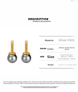 Detail of S925 silver earring featuring retro gold floral motifs and grey pearl inlay