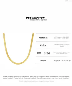 Detail view of gold S925 sterling silver snake chain necklace with length specifications