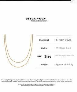 Specifications of S925 sterling silver snake chain necklace in vintage gold finish