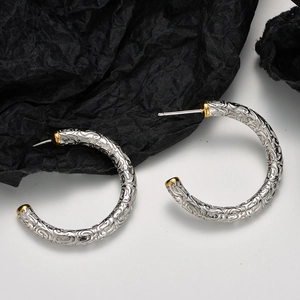 Boucles d'Oreilles Créoles en Argent Sterling 925 pour Femmes Rétro Motif Tang-grass Sculpté en Forme de C Or Argent Bijoux