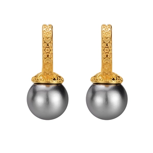 S925 sterling silver drop earrings with grey pearls and intricate gold hollow patterns