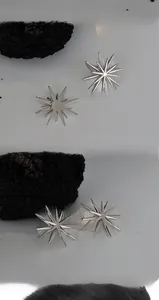Vue macro de boucles d'oreilles étoile à huit branches en argent avec fini poli miroir