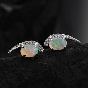 925 Sterling Silver Opal Moon Stud Earrings For Women Shiny Rhinestone Inlaid Small Dainty Moon Shape Jewelry Accessory