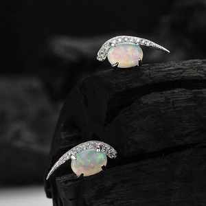 S925 sterling silver moon stud earrings with oval opal stones and shimmering accents