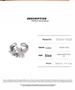Détail macro de la bague papillon lune en argent S925 avec spécifications de taille