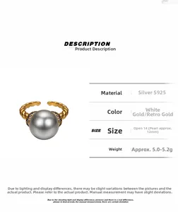 Detail view of S925 silver ring with a 12mm grey pearl and vintage gold twist band