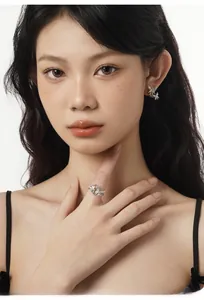 Détails de boucles d'oreilles et bague ouverte papillon en argent S925 sur modèle