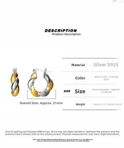 Detail specifications of two-tone S925 sterling silver mobius twisted hoop earrings