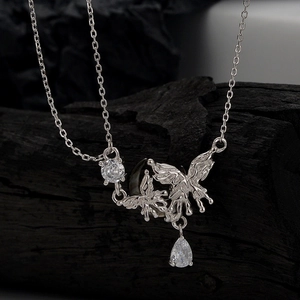 925 Sterling Silver Butterfly Moon Pendant Necklace Rhinestone Inlaid Gothic Liquid Metal Texture Chain Jewelry For Women