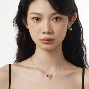 Parure collier et boucles d'oreilles papillon en argent S925 avec incrustation de coquillage