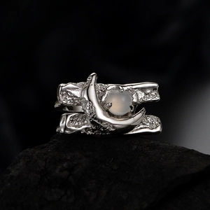 Minimalist S925 silver irregular moon ring featuring a glossy translucent moonstone