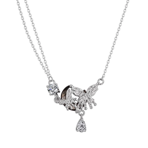 S925 sterling silver butterfly and crescent moon necklace with pear-shaped zircon stones