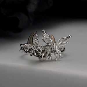 Bague ouverte en argent S925 avec papillon et croissant de lune, style gothique poli