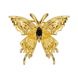 Elegante gouden vlinder speld met getextureerde vleugels en een zwarte edelsteen