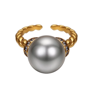 Elegant gold S925 silver ring with large grey shell pearl and sparkling pavé diamonds