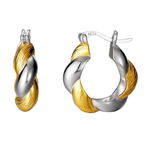 S925 sterling silver Mobius hoop earrings with two-tone gold and silver twisted design
