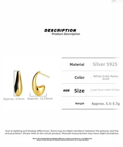 Detailed specs of S925 silver teardrop earrings measuring 23mm by 12.7mm in size
