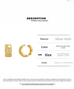 Detailed size specifications for the gold-plated S925 silver hollow zircon ear cuff