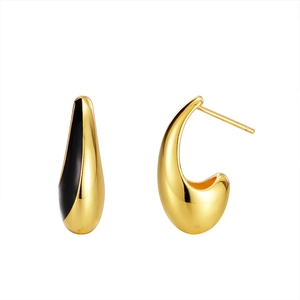 Minimalist S925 silver crescent stud earrings with black enamel and polished gold finish
