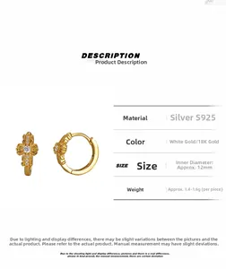 Macro view of S925 silver cross flower hoop earrings with crystals and 18K gold finish