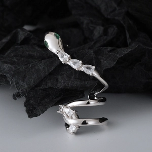 Manchette d'oreille serpent en argent S925 avec yeux en zircone verte et cristaux