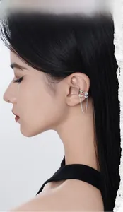 Detail of silver long tassel ear cuff with double ring and square sparkling zircon