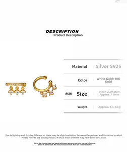 Dettagli clip orecchio in argento S925 con zirconi pendenti e diametro interno 11 mm