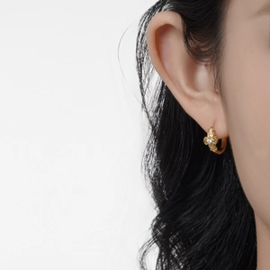 S925 sterling silver gold-plated bow earrings with cross relief and sparkling zircon