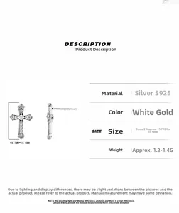 Detail view of S925 sterling silver cross earrings with dimensions 15.7mm by 10.5mm