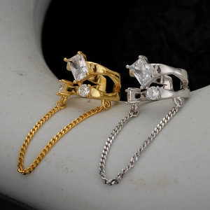 925 Sterling Silver Geometric Hollow Double Layer Ear Cuff For Women Non-Pierced Long Tassel Rhinestone Earrings Jewelry
