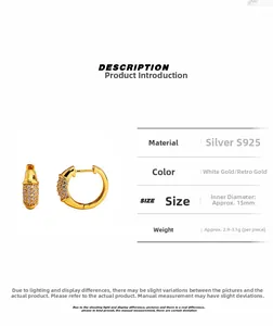 Detailed S925 sterling silver hoop earring specs with full zircon pavé and gold finish