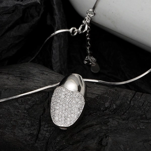 Polished S925 sterling silver oval pendant necklace with sparkling pavé zircons