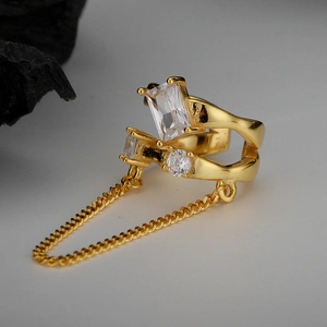 Golden double-layer ear cuff with rectangular crystals and elegant long tassel chain