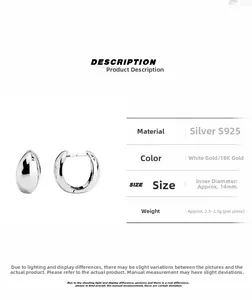 Macro detail of S925 sterling silver hoop earrings with 14mm diameter and weight specs