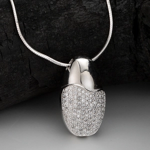 Minimalist S925 sterling silver egg-shaped pendant necklace with pavé diamonds and snake chain