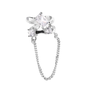 Modern S925 sterling silver geometric double-layered ear clip with tassel and zircon stones