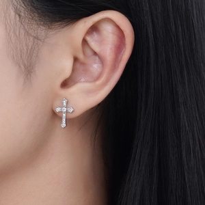 Elegant S925 sterling silver cross stud earrings with sparkling zircon crystals for women