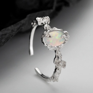 S925 Sterling Silver Opal Ring For Women Irregular Lava Texture Adjustable Open Finger Ring Vintage Light Luxury Jewelry
