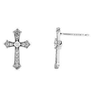 Sparkling S925 sterling silver cross stud earrings with small zircon stones in retro style