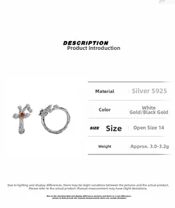 Detailed specs of S925 silver irregular cross ring with red stone and branch texture