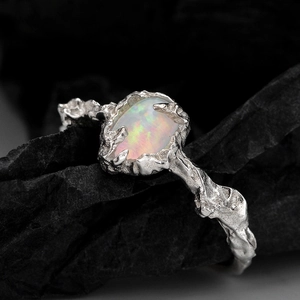 Irregular S925 silver opal ring featuring lava texture and oval multicolored gemstone