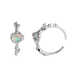 Irregular S925 sterling silver lava texture open ring with oval fire opal stone