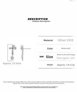 Detailed specs of S925 silver cross earrings with 23.5mm length and 3mm blue zircon