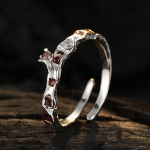 S925 Sterling Silver Red Enamel Checkerboard Open Ring For Women Vintage Lava Texture Rhinestone Adjustable Finger Ring