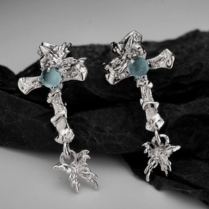 Gothic 925 Sterling Silver Cross Butterfly Stud Earrings For Women Rhinestone Inlaid Sweet Cool Style Fashion Jewelry Gift