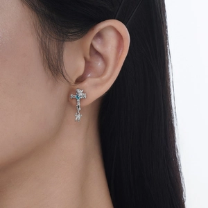 S925 sterling silver cross earrings with blue stone and hanging star pendant