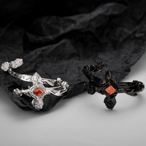 Gothic S925 sterling silver cross and rose open ring with red square gemstone