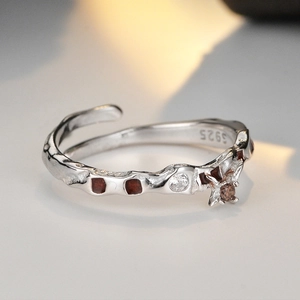 S925 sterling silver open ring with red enamel checkerboard and zircon accents