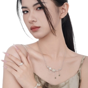 S925 sterling silver necklace with prehnite pendant and tassel in neo-Chinese style