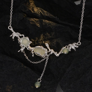 S925 sterling silver grape stone necklace with branch design and layered tassels